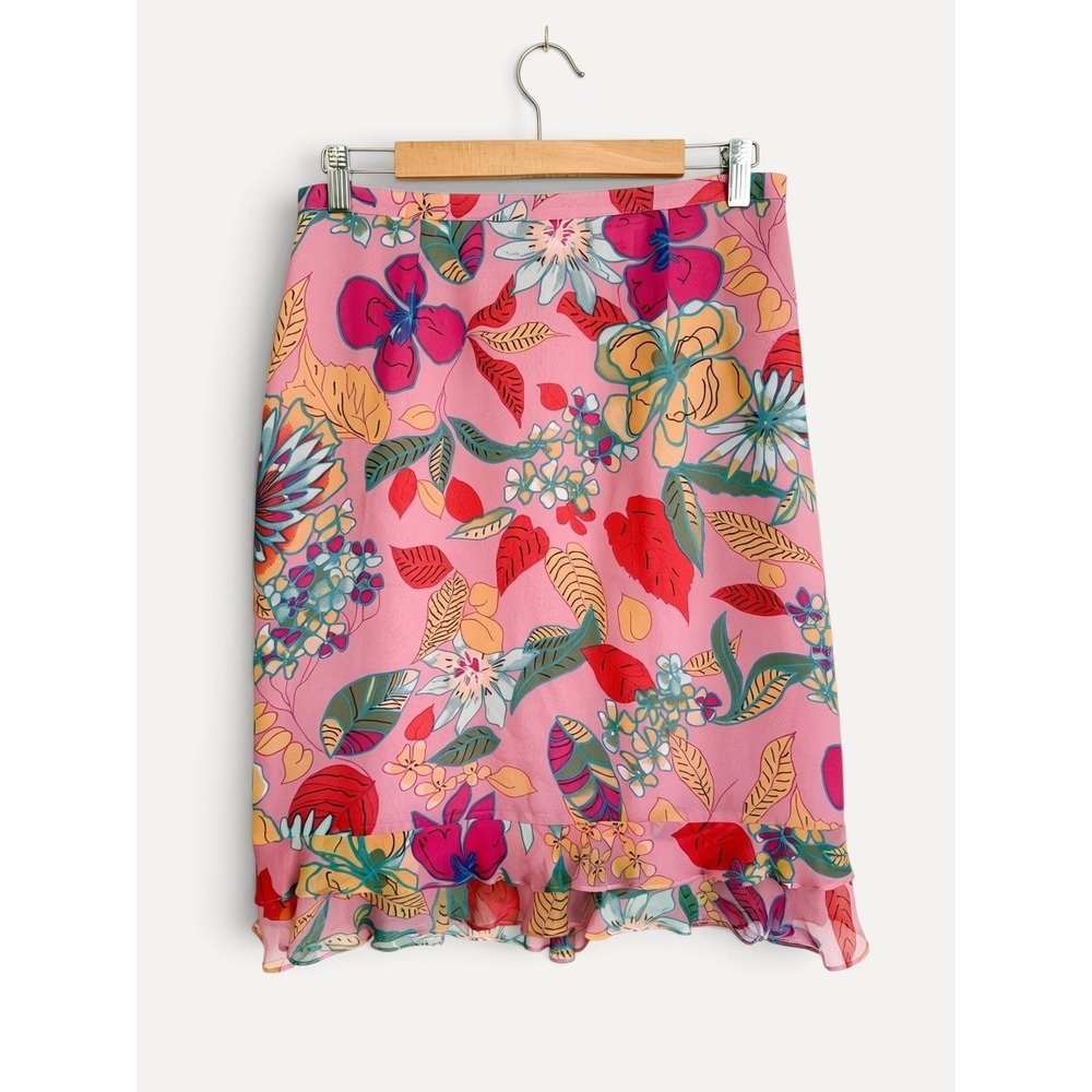 Richard Malcolm Y2K Skirt Floral Tropical Silk 12 Pink Ruffle Hem High Waisted